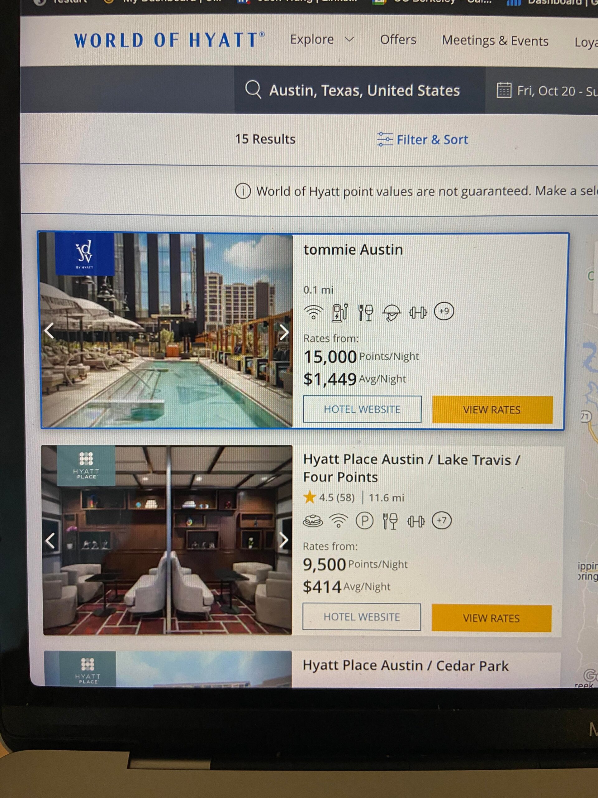 World of Hyatt search for Austin showing tommie Austin at 15,000 points a night and Hyatt Place Lake Travis at 9,500.