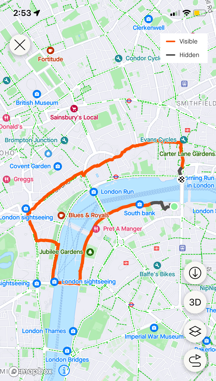 Map of a London morning-run loop crossing the Thames, labeled Morning Run in London.