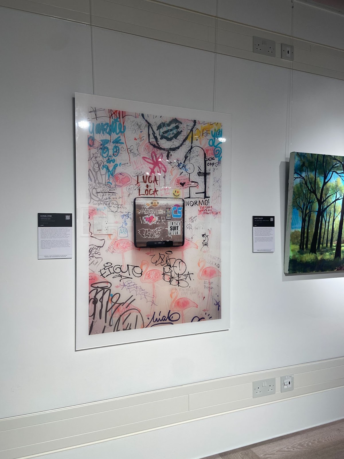 Gallery wall with a framed photo of graffiti around a paper-towel dispenser, beside a Samuel Eyre label.