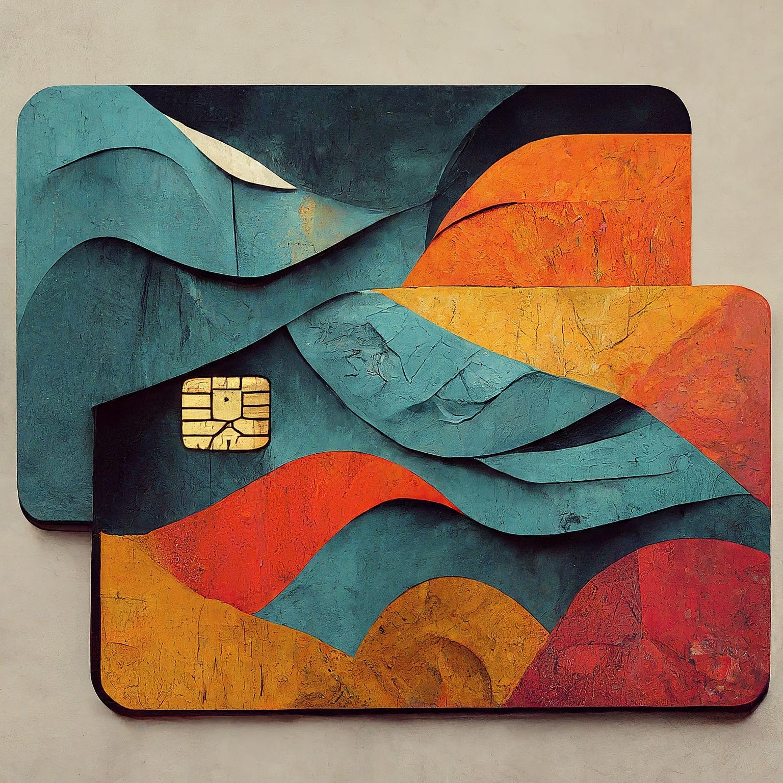 Two stacked credit cards painted in teal, orange, and red waves, with a gold chip on the front card.