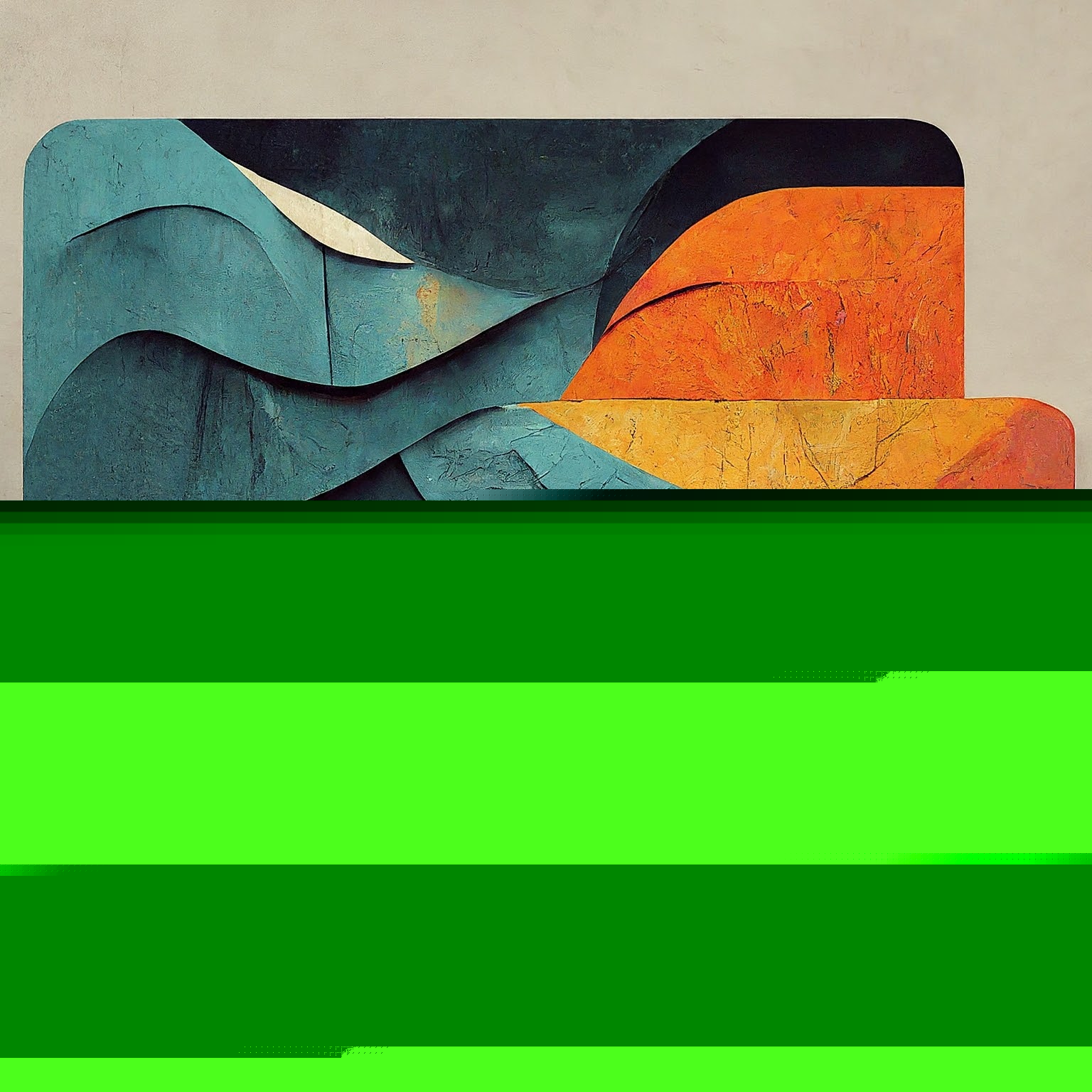 Two stacked credit cards painted in teal, orange, and red waves, with a gold chip on the front card.