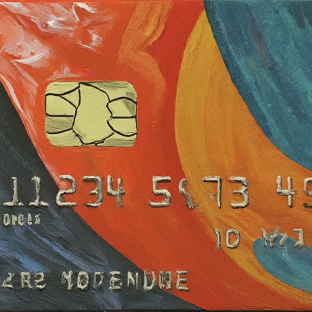 Impasto painting of a credit card in red, orange, and blue, with a gold chip and raised white numbers.