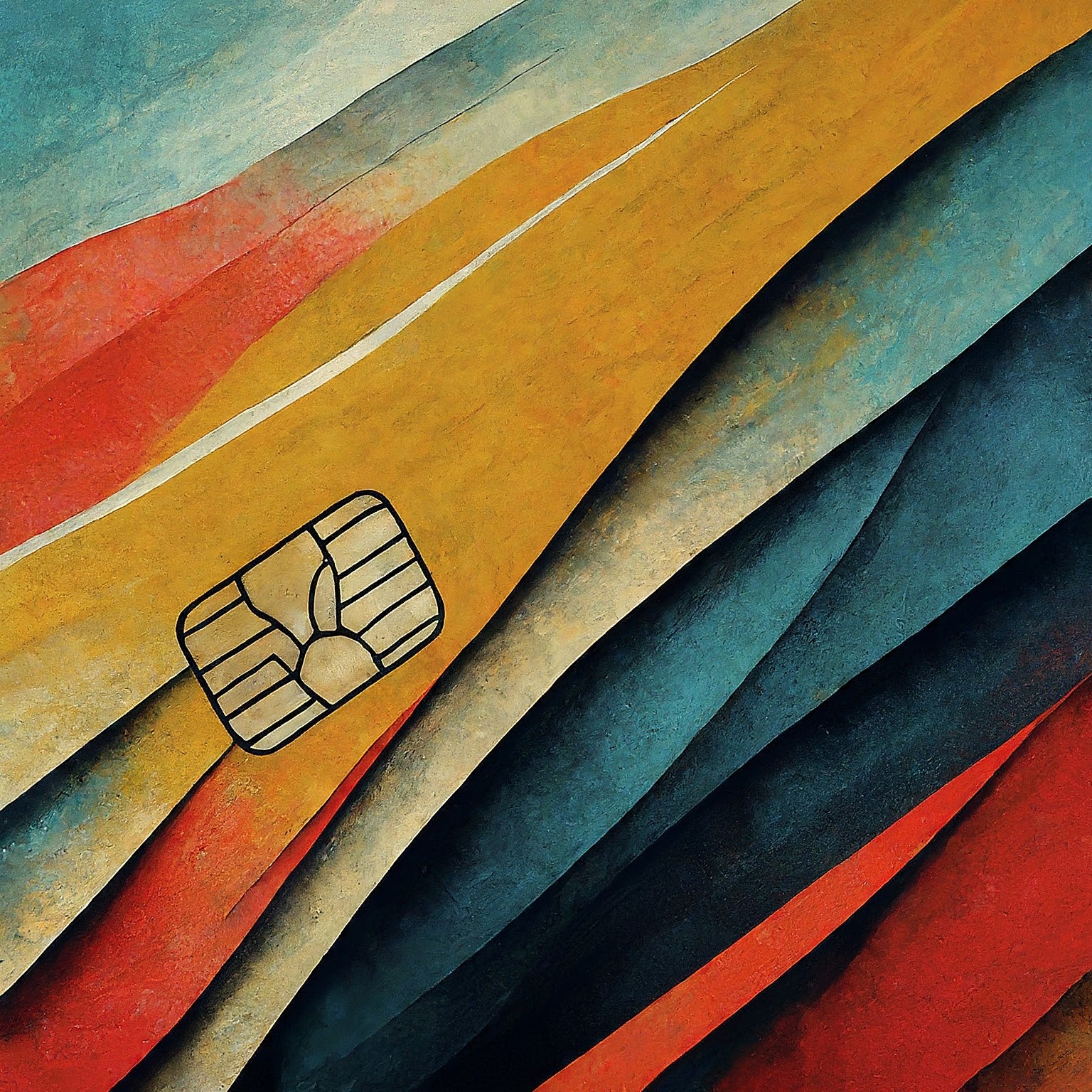 Abstract bands of red, yellow, and blue with a black outline of a credit-card chip.