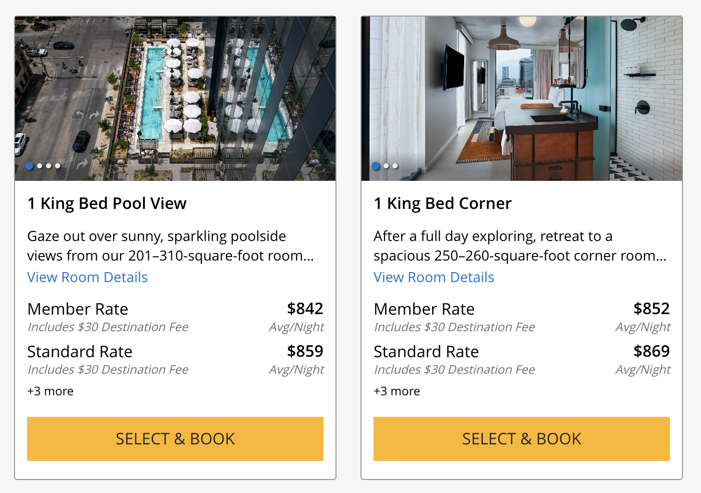 tommie room-rate cards for a king pool-view room at $842 and a king corner room at $852, both plus a $30 destination fee.