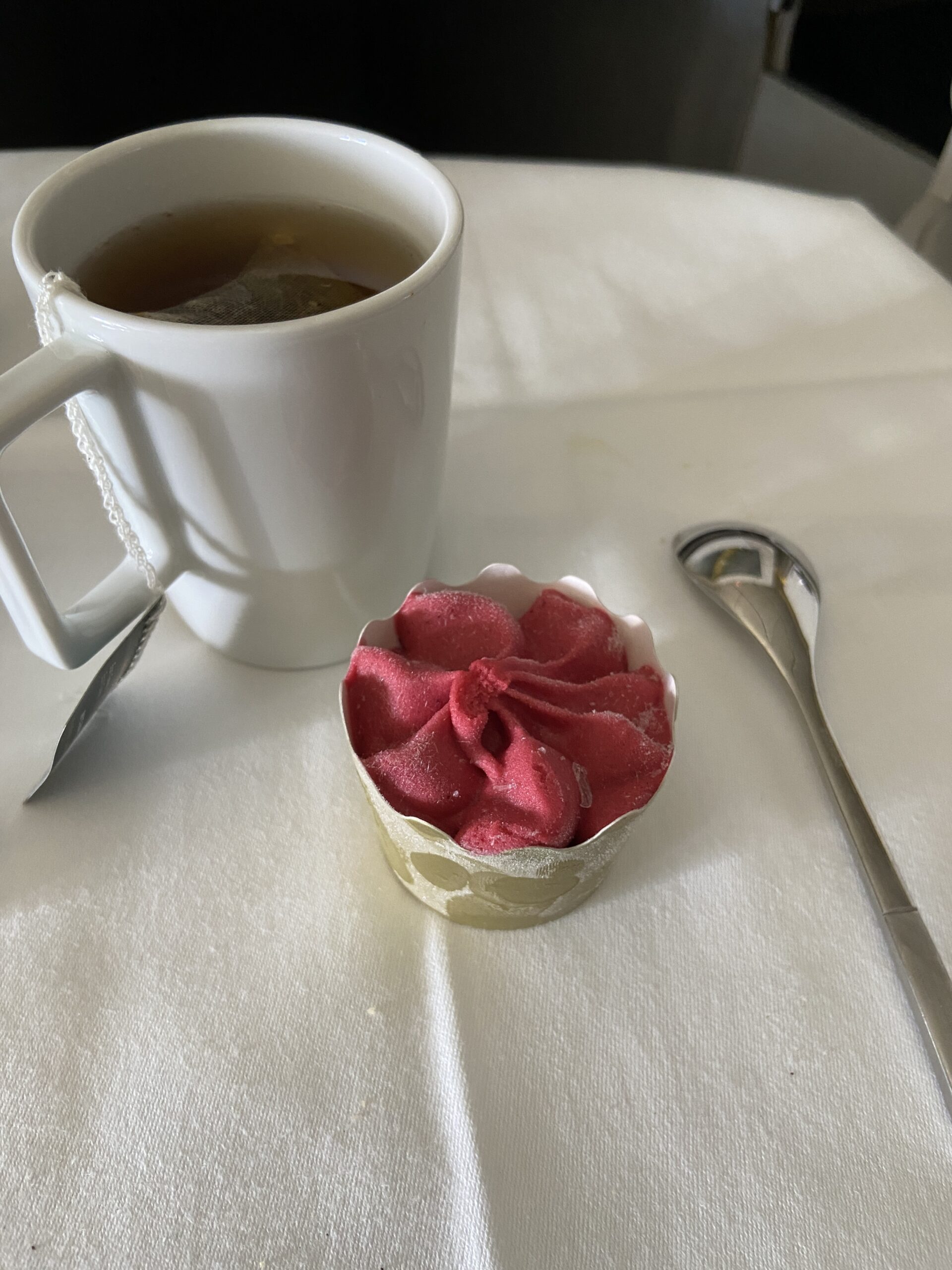 air france business class: dessert - early grey & strawberry sorbet