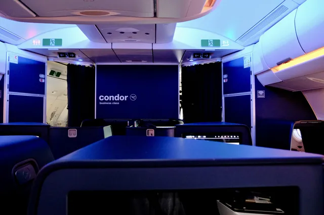 Condor business-class cabin looking forward to the branded bulkhead, blue mood lighting, and staggered seats.