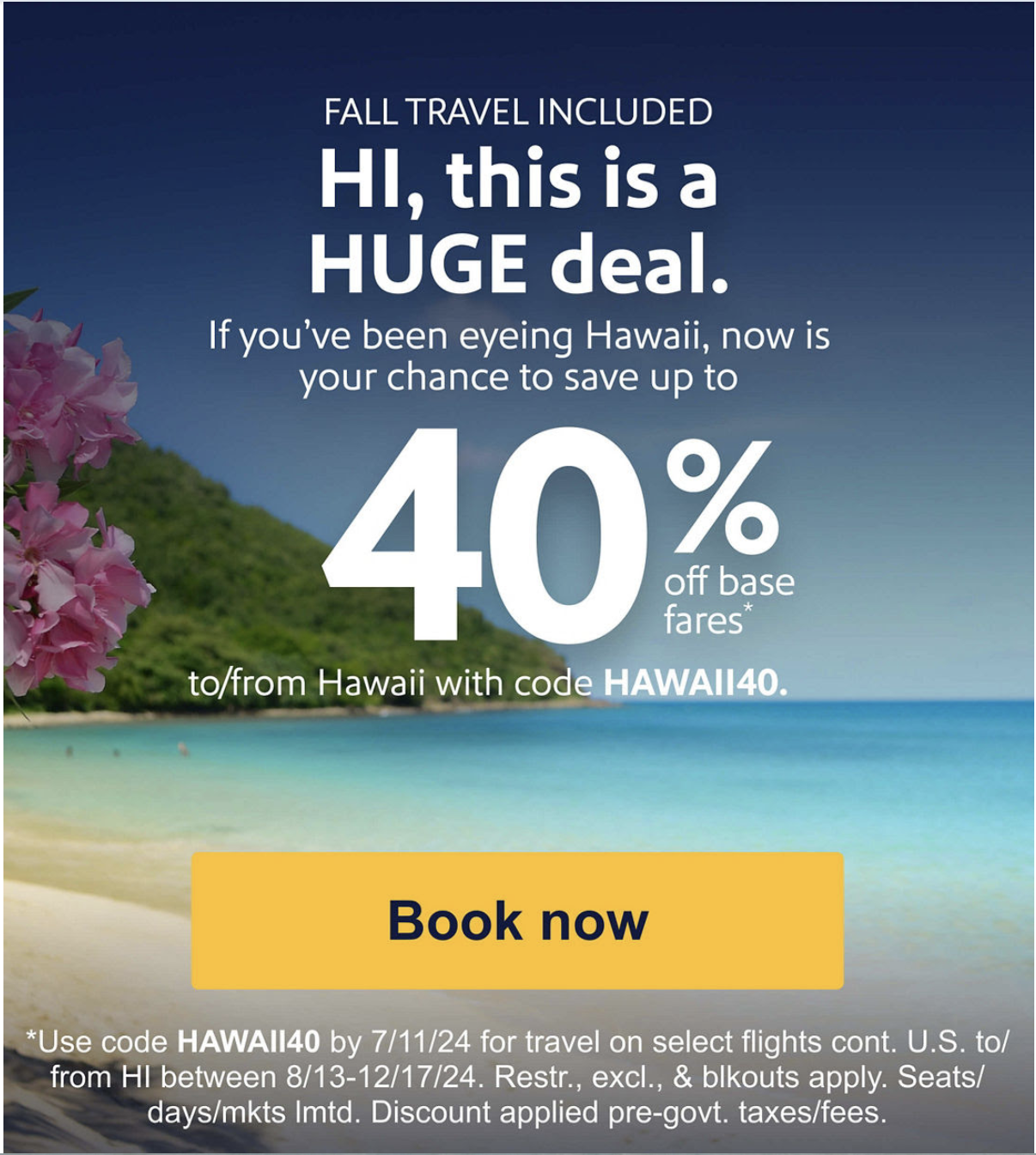 Hawaii flight promo over a turquoise beach, offering 40 percent off base fares with code HAWAII40.