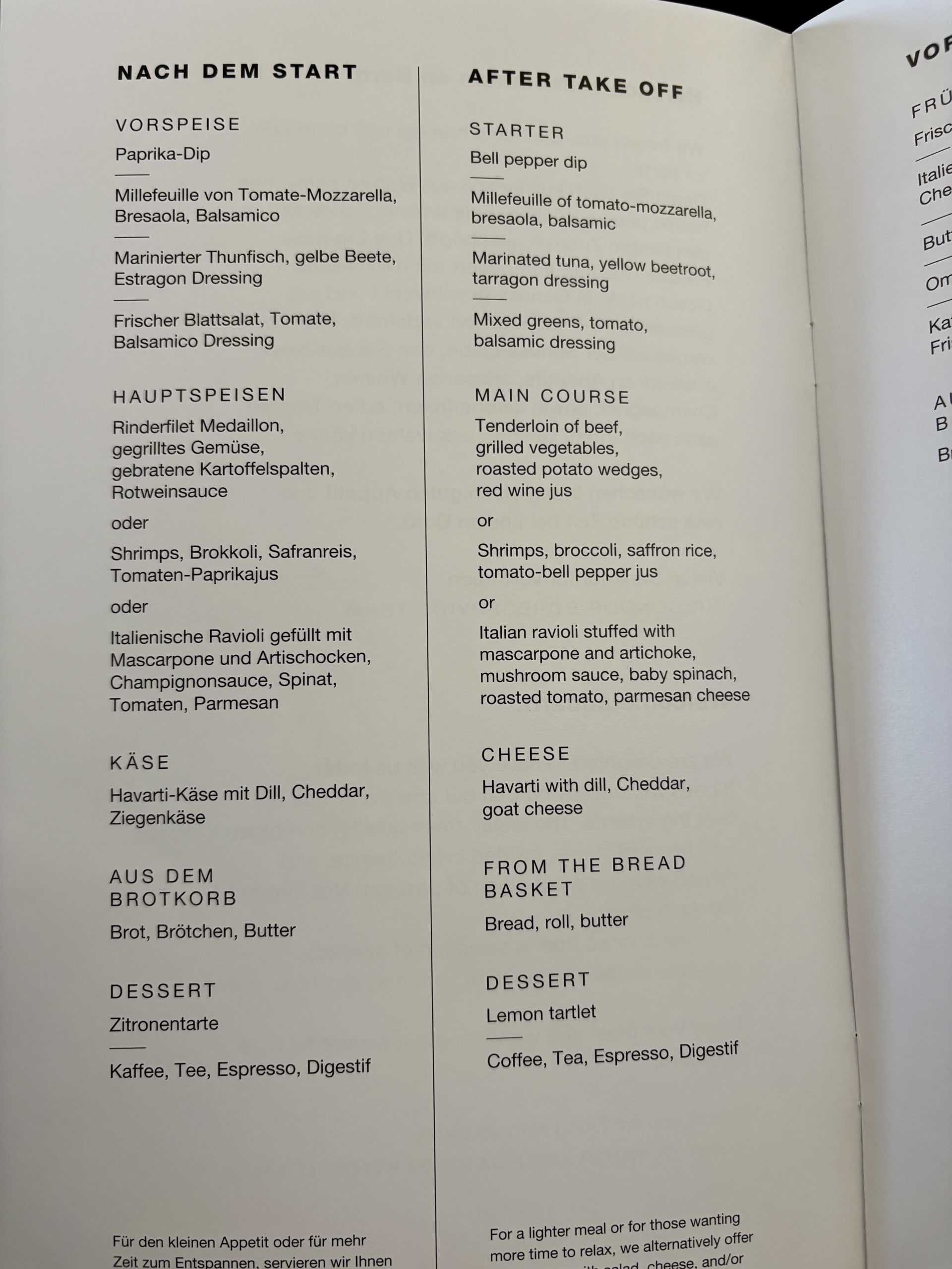 Condor business class menu