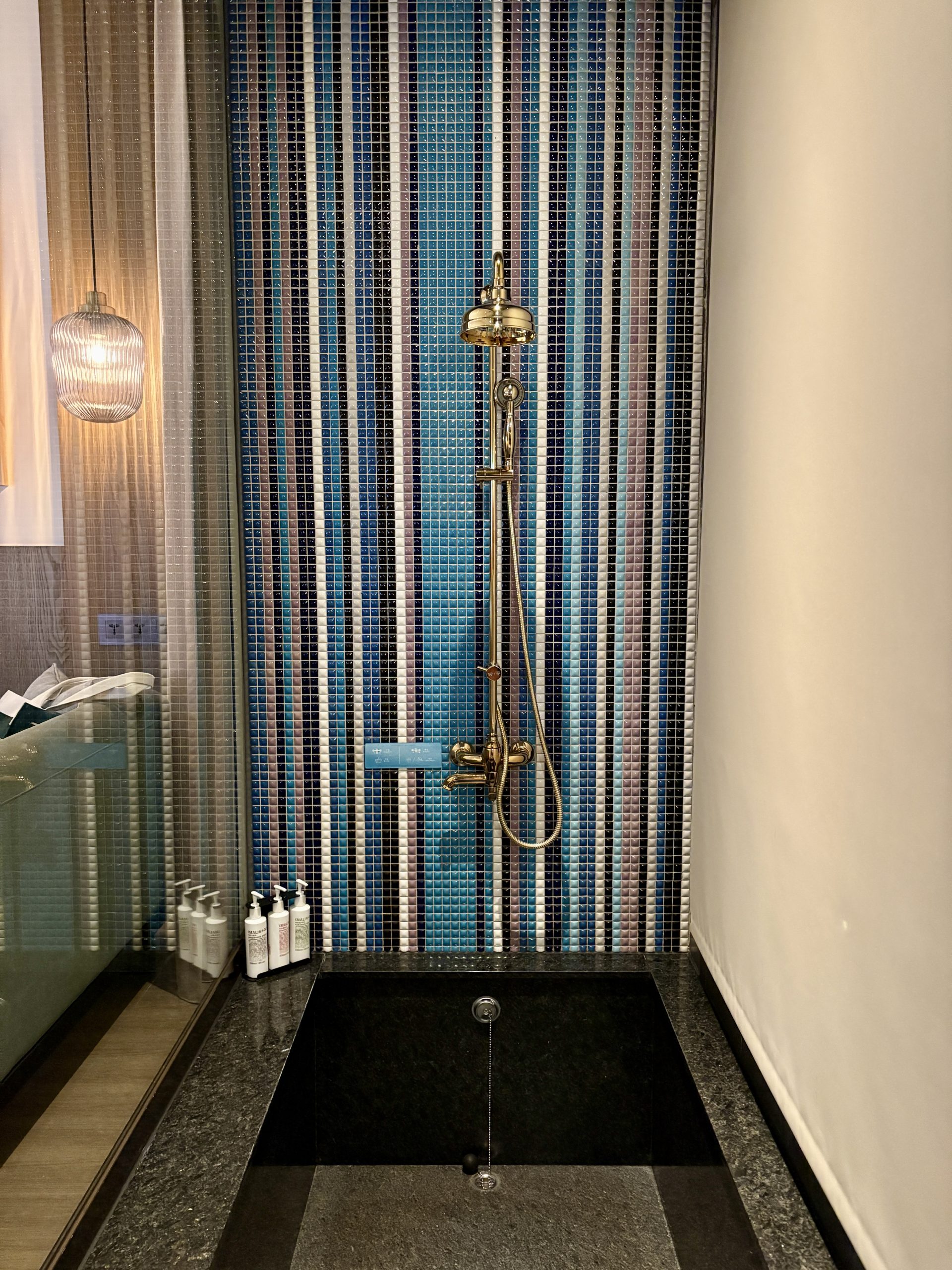 Sunken bathtub and shower head in the glass shower room