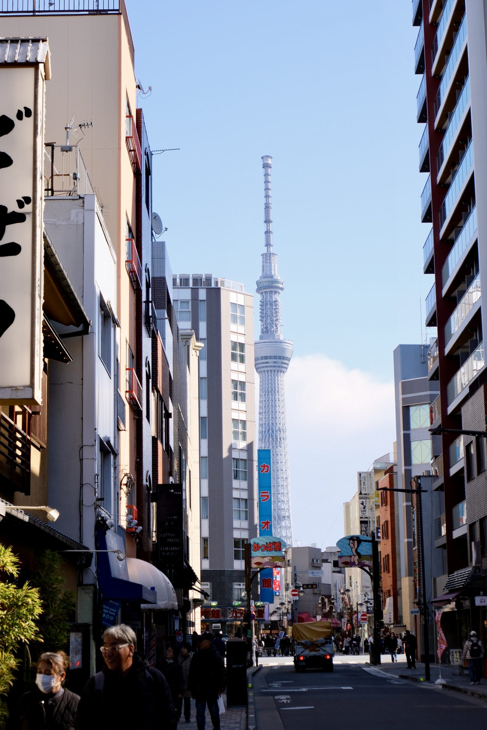 Towering Tokyo Skytree from the busy Kappabachi district