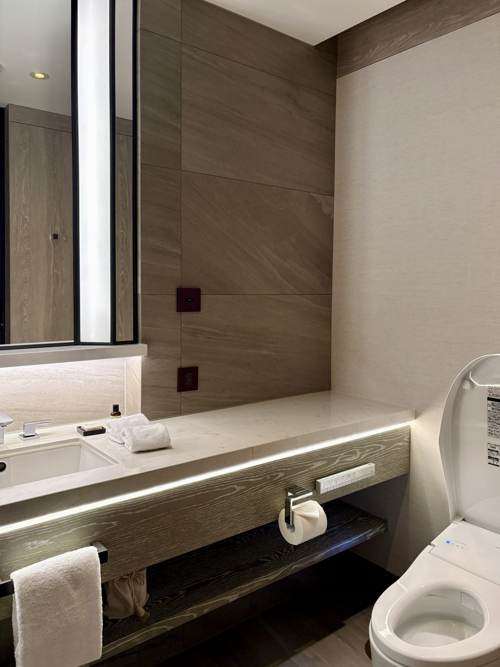 Wide vanity with bidet toilet in the entrance bathroom