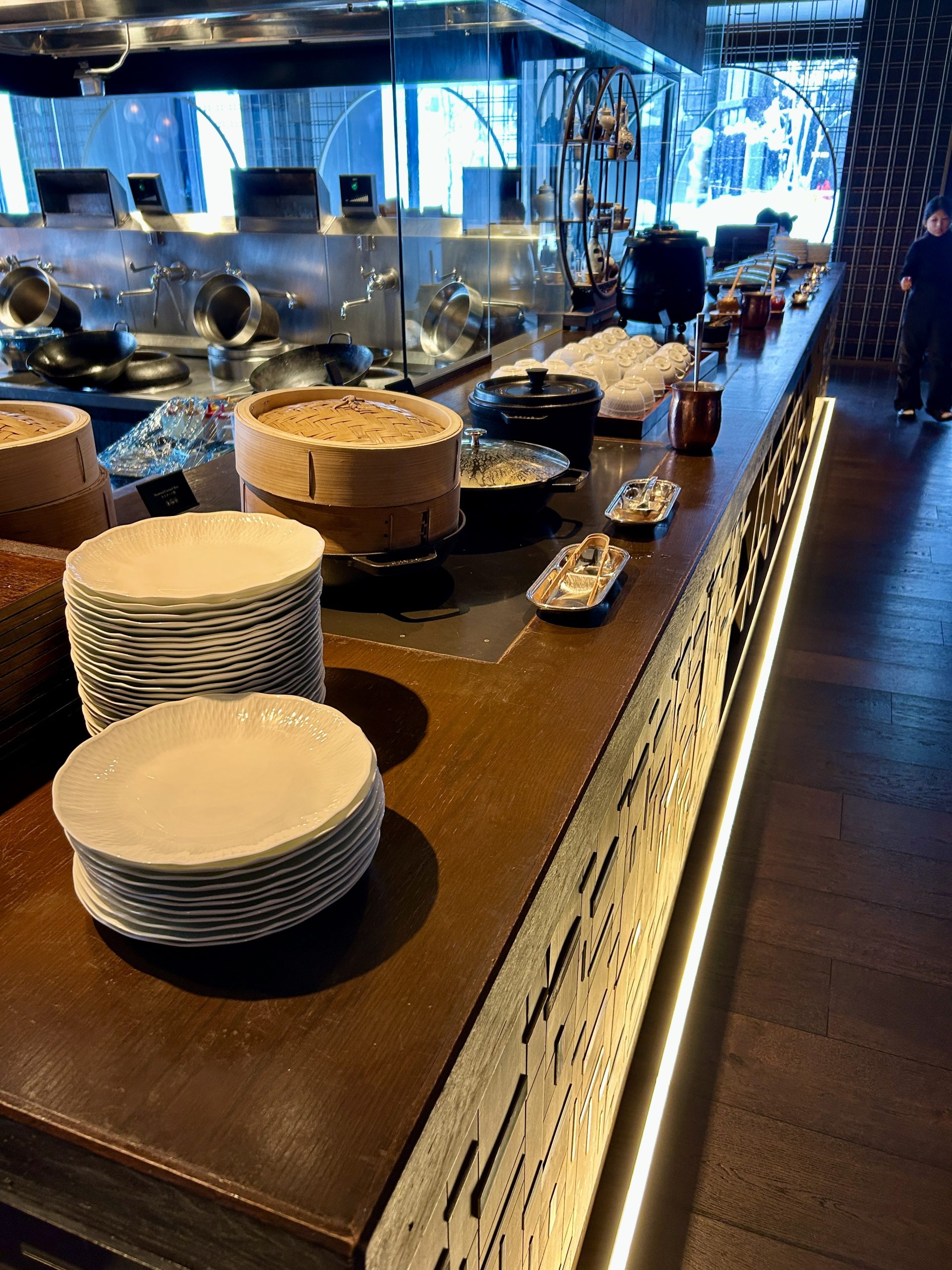 Asian breakfast buffet section with noodle bar