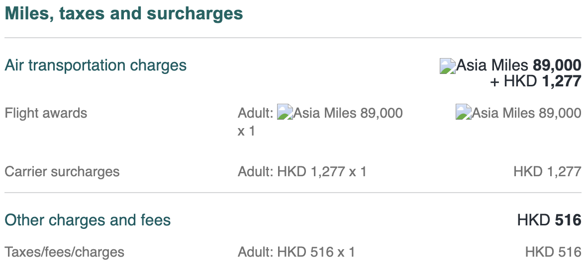 89,000 Cathay miles + ~$200 USD for one business class award flight from HND to JFK