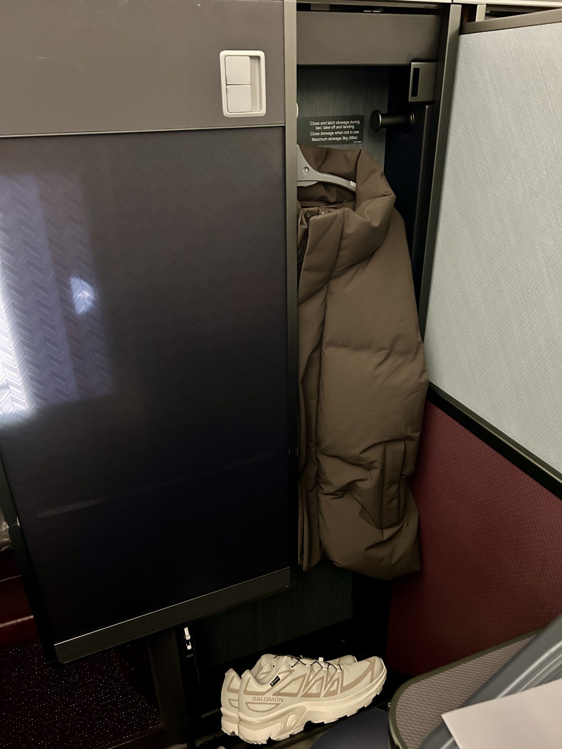 The highlight of the seat - our own wardrobe with shoe storage and coat hanger