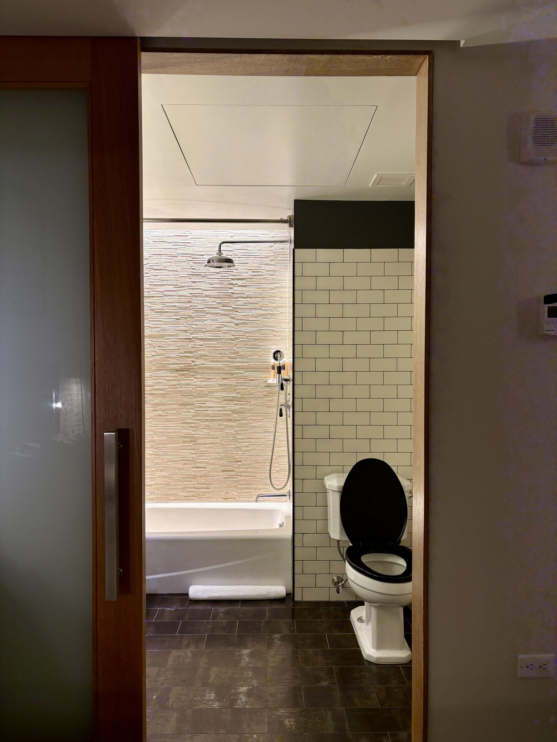 Sliding door leading to the bathroom and shower