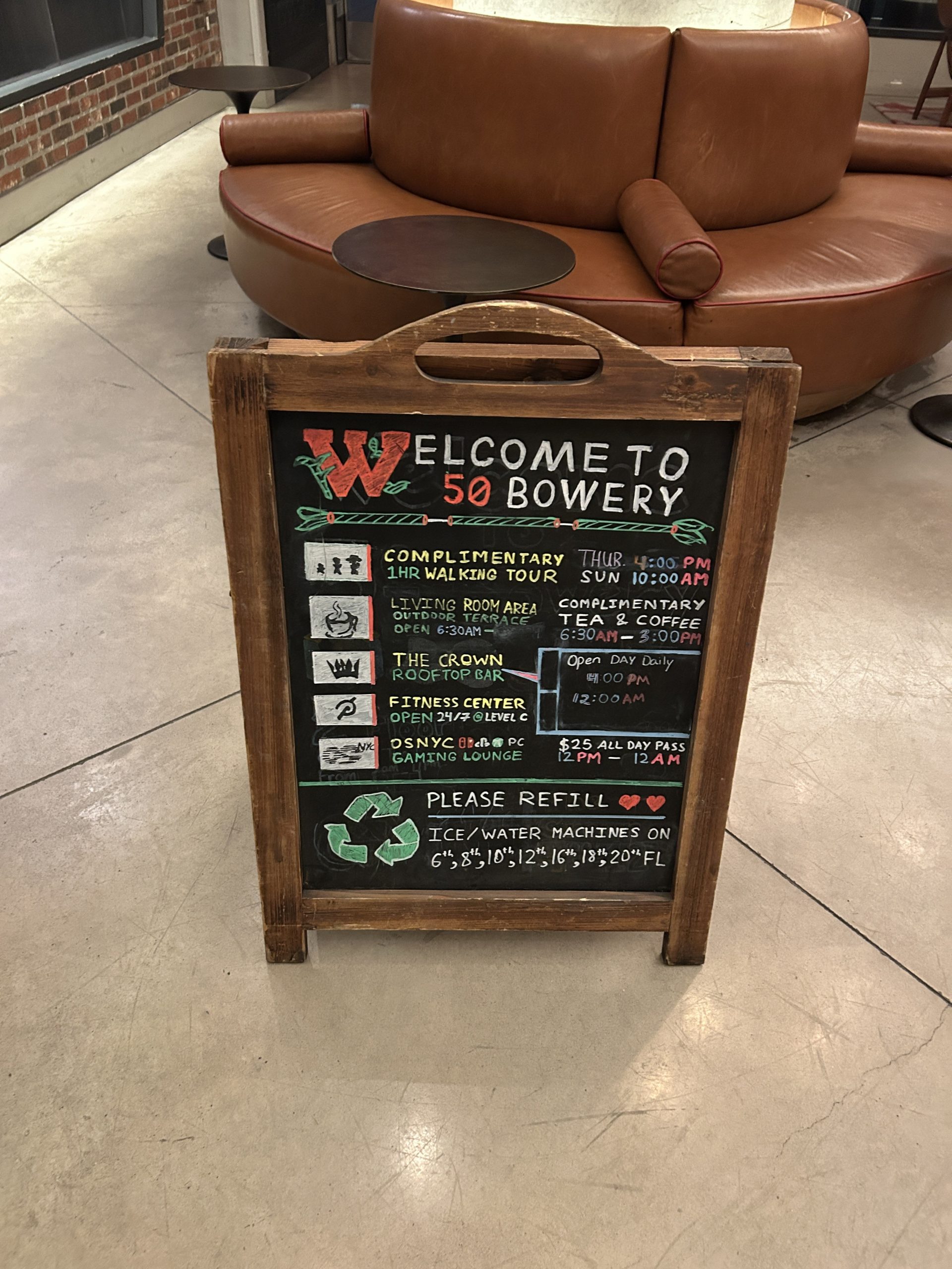 Welcome sign at Hotel 50 Bowery with activities