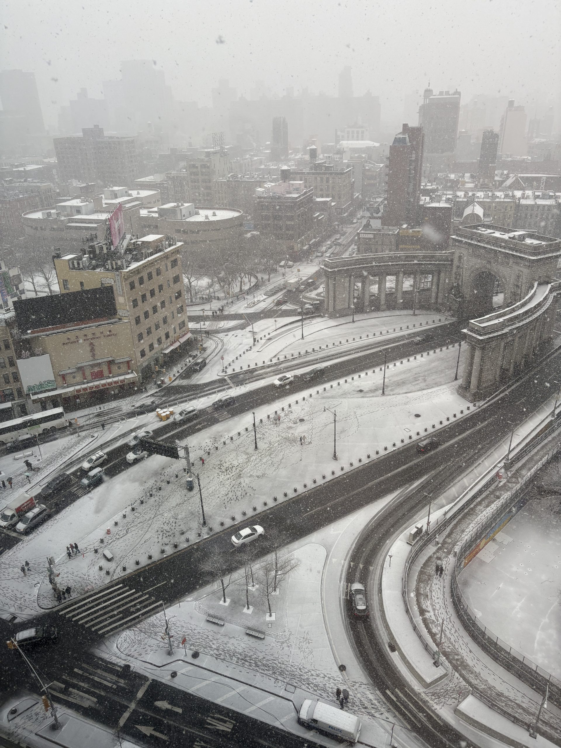 Overlooking the snow covered city
