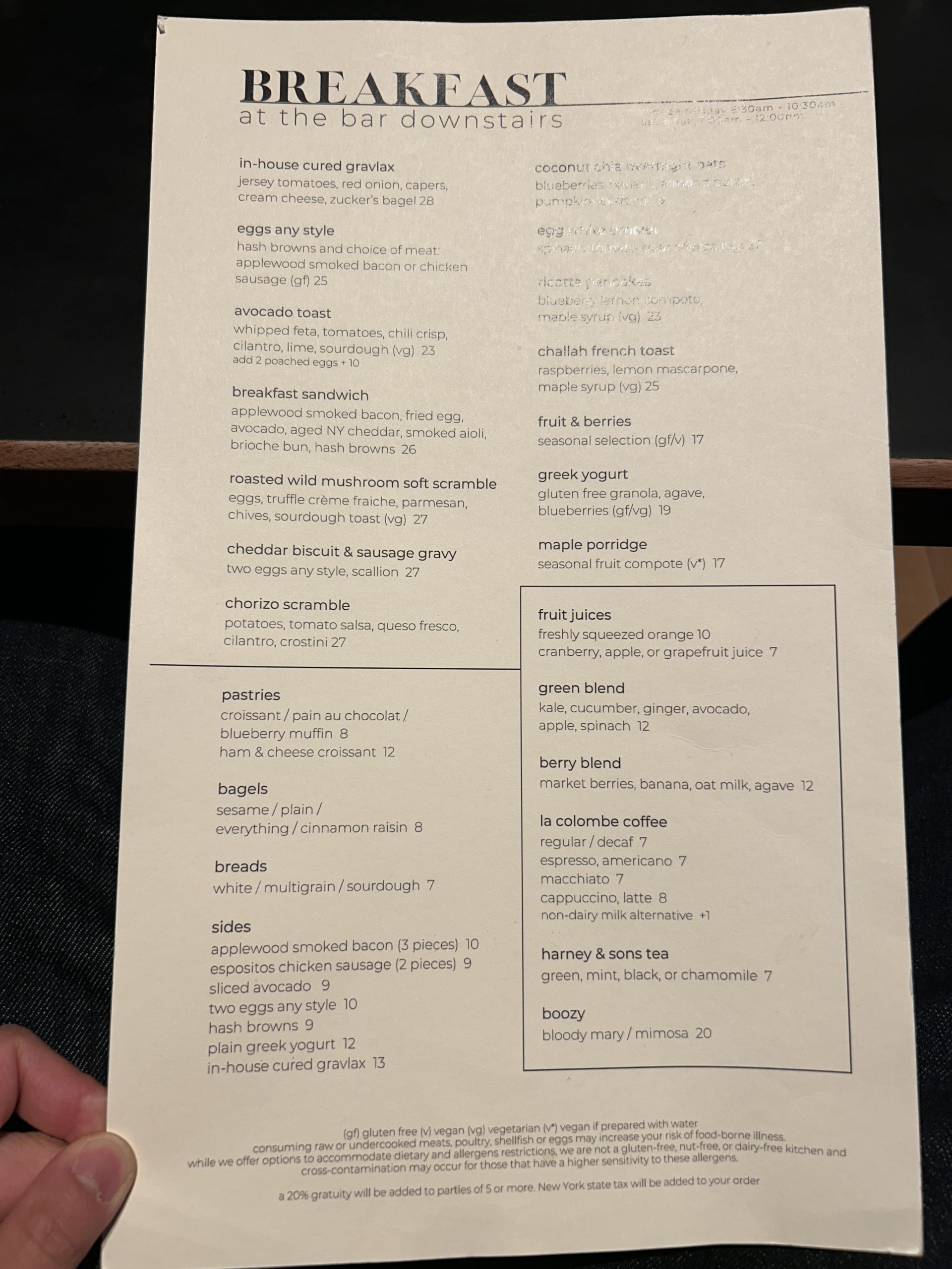 Breakfast menu