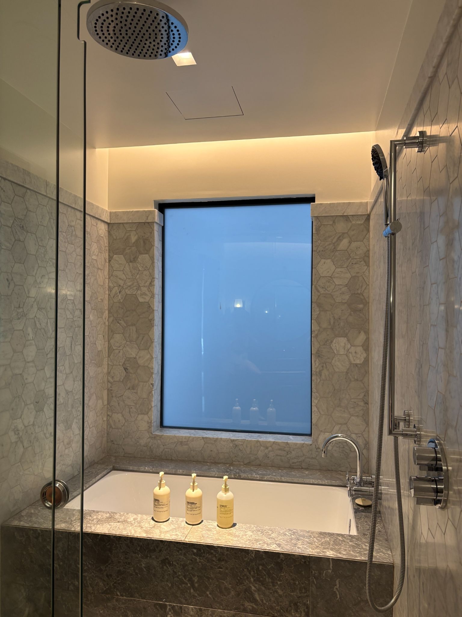Walk in shower separated by glass door