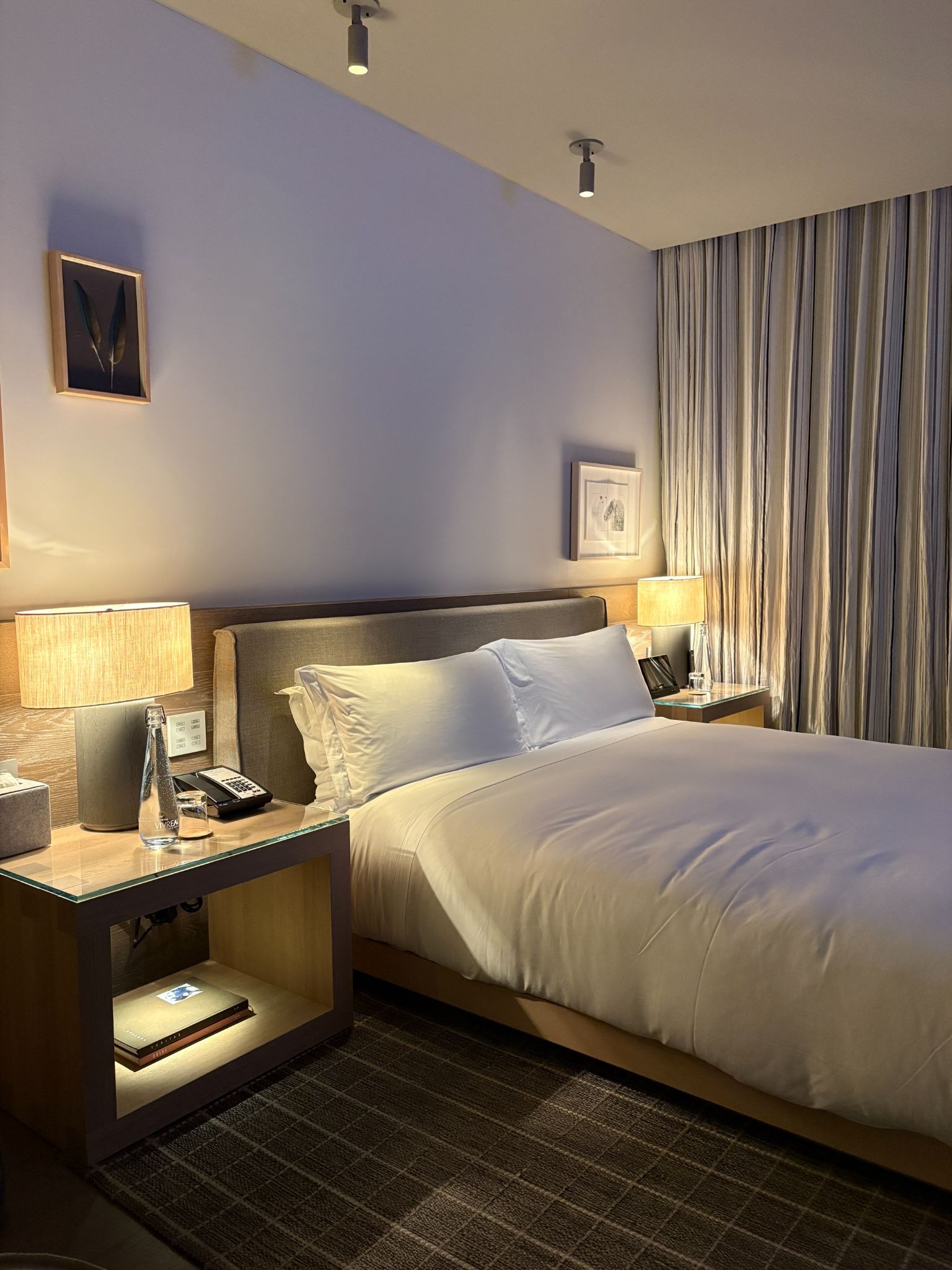 Turndown service carefully placed the water bottle by the bed side with mood lighting turned on