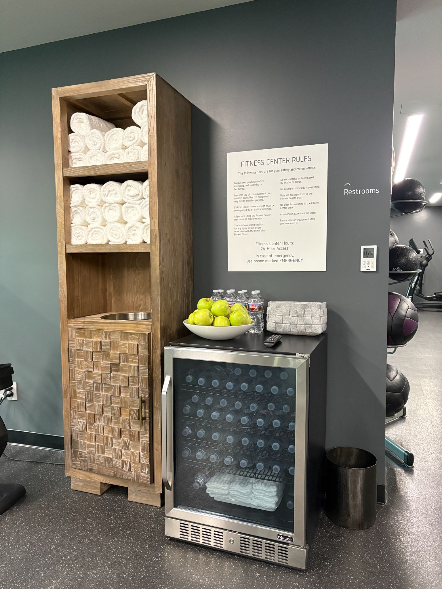 Towel rack and refreshments at the gym