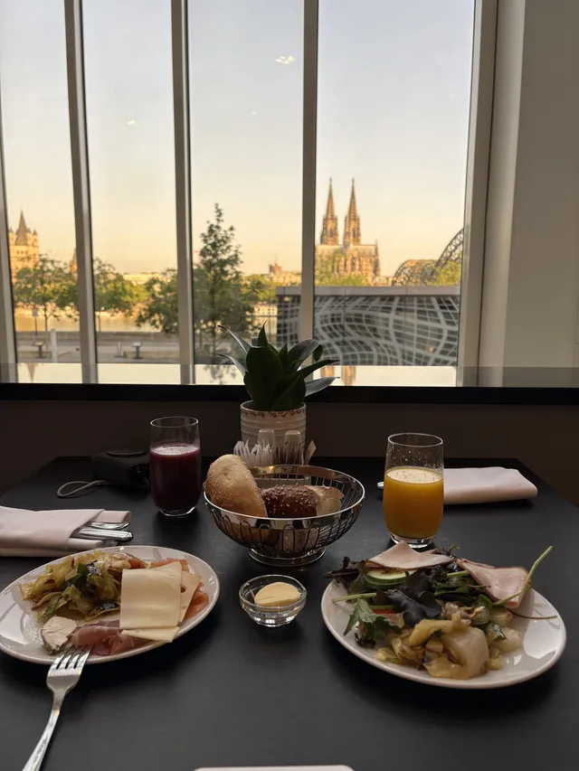Full plates of breakfast food