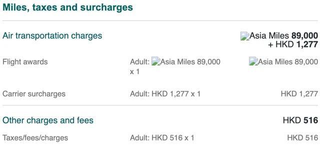 89,000 Cathay miles + ~$200 USD for one business class award flight from HND to JFK