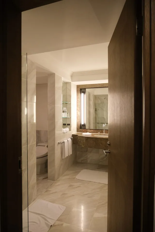 The entrance corridor opens up to the luxurious bathroom on the side