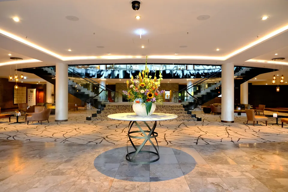 Grand, marble-decorated lobby