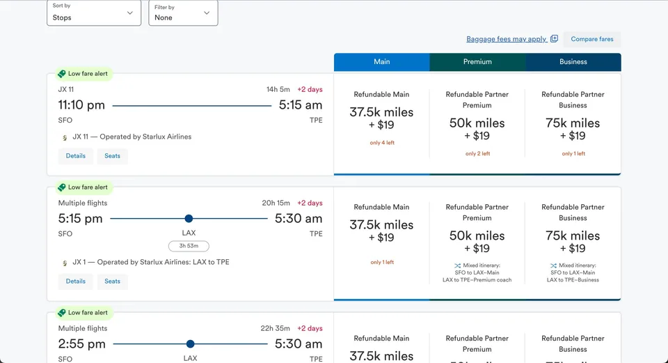 Points redemption rates from SFO-TPE on Starlux