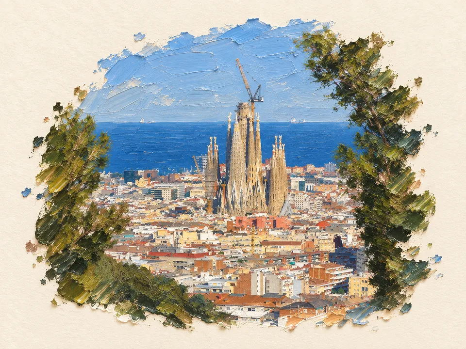 An oil painting of Barcelona, with the Sagrada Família rising above terracotta rooftops, framed by olive-green trees against the blue Mediterranean