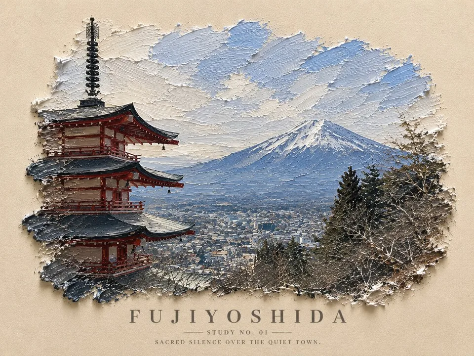 Palette-knife oil painting of Fujiyoshida's main street with Mount Fuji rising behind the town